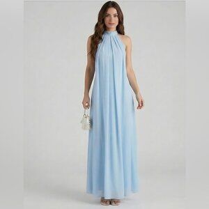 Halter Elegant Drape Maxi Dress Light Blue